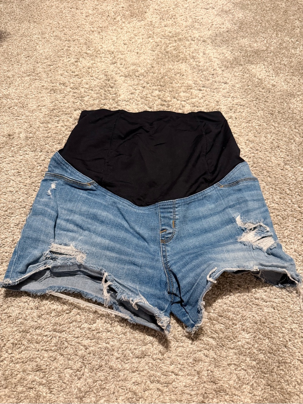 Maternity Distressed Denim Shorts with Black Comfort Panel